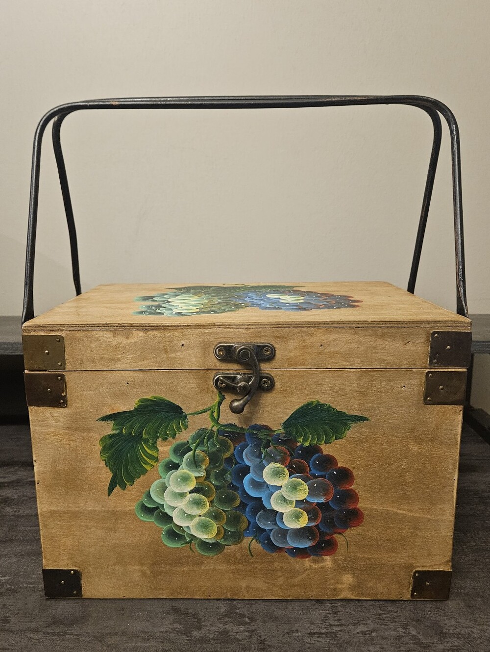 Vintage Hand-Painted Wooden Picnic Basket Box with Grape Motif & Metal Handle
